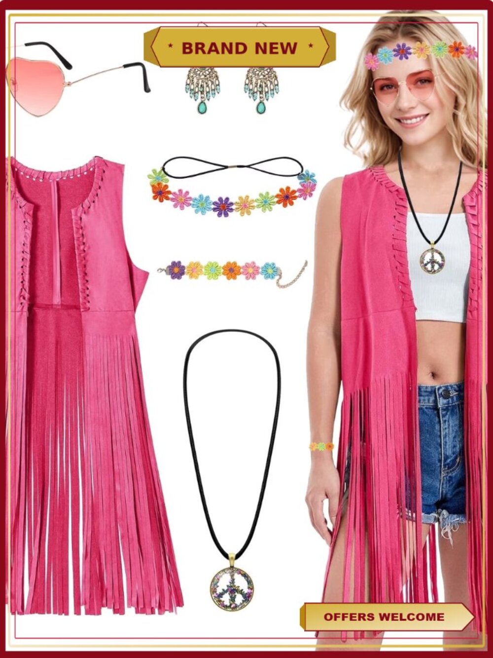 Women's 70s Hippie Costume Set Fringe Vest & Accessories